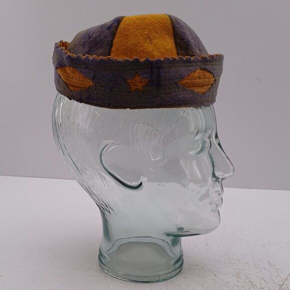 Vintage 2-Tone Yellow / Purple Wool Hat Beanie Cap GEOMETRIC Diamond Star Design - Picture 4 of 12